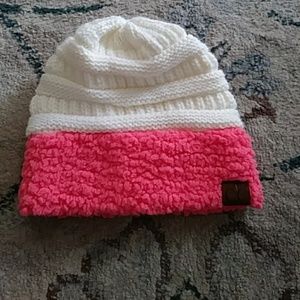 White and pink beanie hat
